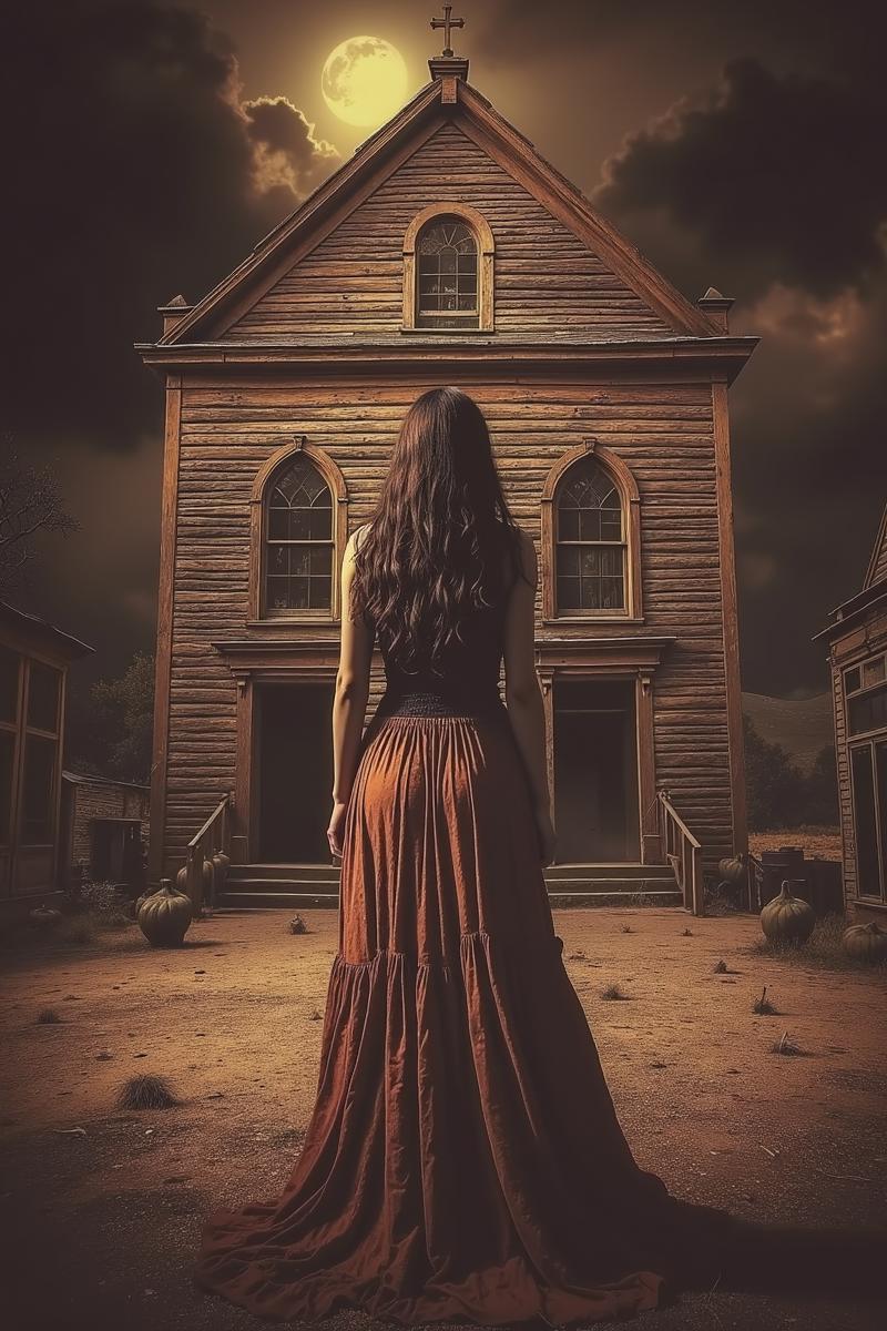 00064-3357504536-beautiful Argentine woman, hair, long dress, standing in front of an old church on a hill, overlooking a Wild west ghost town, h.png